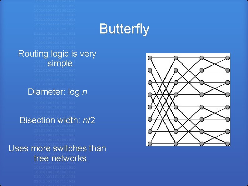 Butterfly Routing logic is very simple. Diameter: log n Bisection width: n/2 Uses more