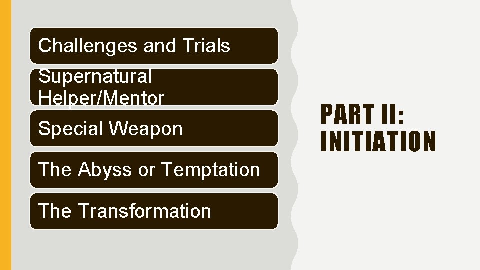 Challenges and Trials Supernatural Helper/Mentor Special Weapon The Abyss or Temptation The Transformation PART