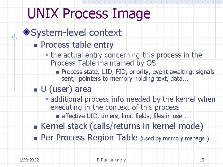 UNIX Process Image System-level context n Process table entry w the actual entry concerning