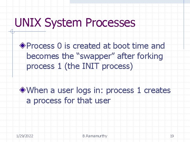 UNIX System Processes Process 0 is created at boot time and becomes the “swapper”