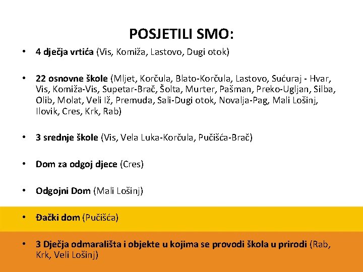 POSJETILI SMO: • 4 dječja vrtića (Vis, Komiža, Lastovo, Dugi otok) • 22 osnovne