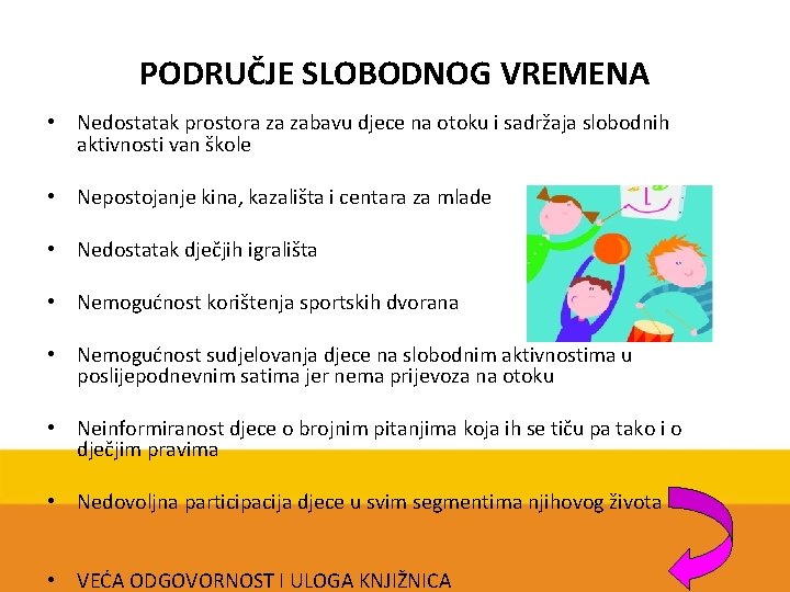 PODRUČJE SLOBODNOG VREMENA • Nedostatak prostora za zabavu djece na otoku i sadržaja slobodnih