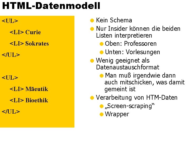 HTML-Datenmodell <UL> <LI> Curie <LI> Sokrates </UL> <LI> Mäeutik <LI> Bioethik </UL> = Kein