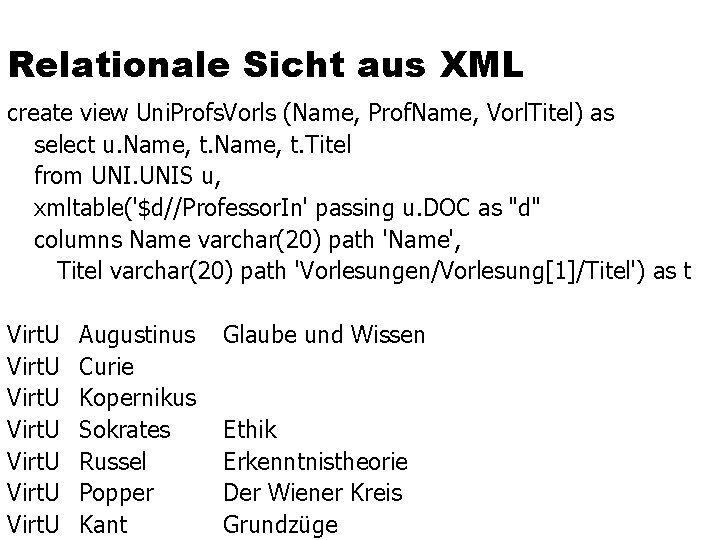 Relationale Sicht aus XML create view Uni. Profs. Vorls (Name, Prof. Name, Vorl. Titel)