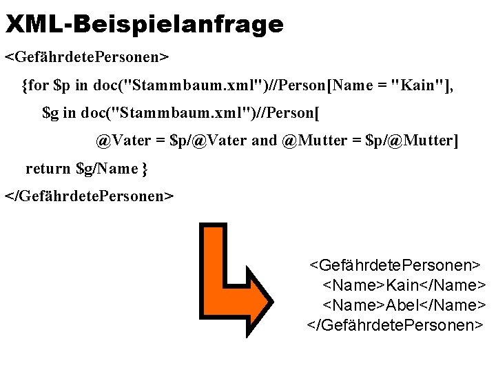 XML-Beispielanfrage <Gefährdete. Personen> {for $p in doc("Stammbaum. xml")//Person[Name = "Kain"], $g in doc("Stammbaum. xml")//Person[