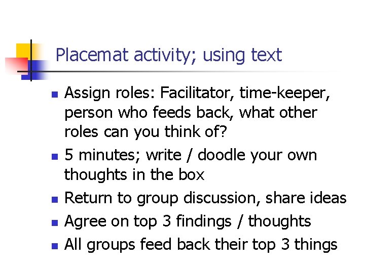 Placemat activity; using text n n n Assign roles: Facilitator, time-keeper, person who feeds