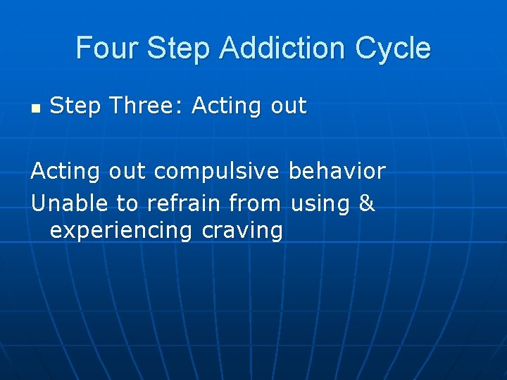 Four Step Addiction Cycle n Step Three: Acting out compulsive behavior Unable to refrain