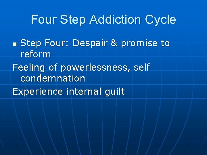 Four Step Addiction Cycle Step Four: Despair & promise to reform Feeling of powerlessness,