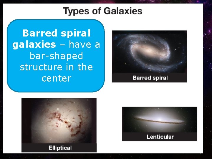 Barred spiral galaxies – have a bar-shaped structure in the center 