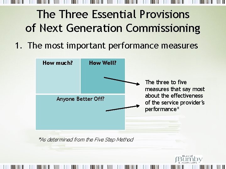 The Three Essential Provisions of Next Generation Commissioning 1. The most important performance measures