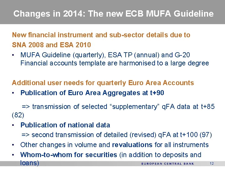 Changes in 2014: The new ECB MUFA Guideline New financial instrument and sub-sector details