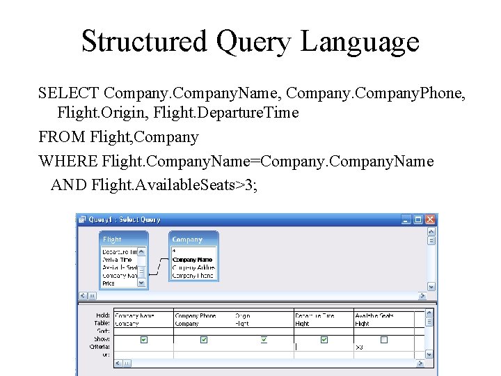 Structured Query Language SELECT Company. Name, Company. Phone, Flight. Origin, Flight. Departure. Time FROM