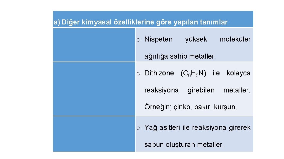 a) Diğer kimyasal özelliklerine göre yapılan tanımlar o Nispeten yüksek moleküler ağırlığa sahip metaller,