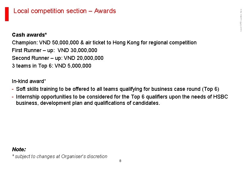 Insert GPS number here Local competition section – Awards Cash awards* Champion: VND 50,