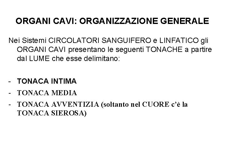 ORGANI CAVI: ORGANIZZAZIONE GENERALE Nei Sistemi CIRCOLATORI SANGUIFERO e LINFATICO gli ORGANI CAVI presentano