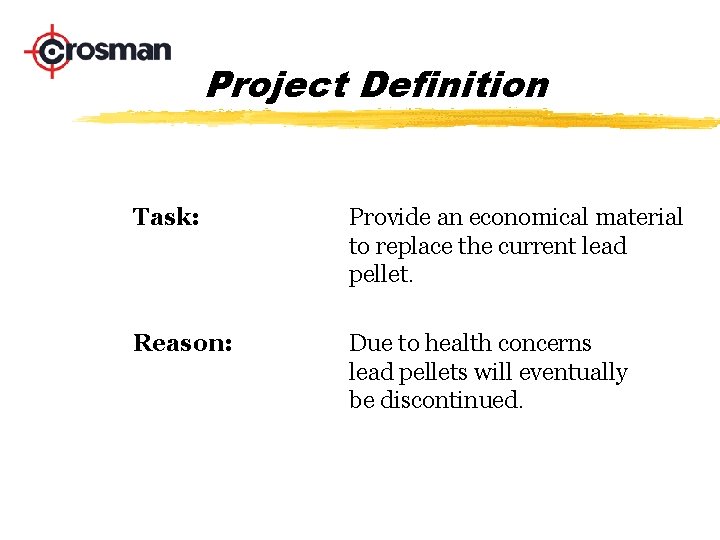 Project Definition Task: Provide an economical material to replace the current lead pellet. Reason: