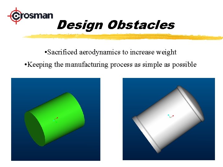 Design Obstacles • Sacrificed aerodynamics to increase weight • Keeping the manufacturing process as