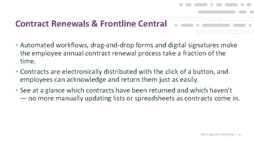 Contract Renewals & Frontline Central • Automated workflows, drag-and-drop forms and digital signatures make