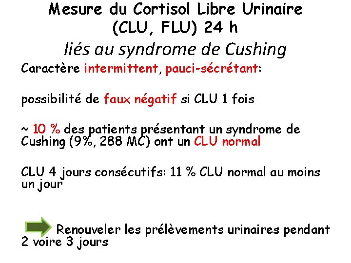 Mesure du Cortisol Libre Urinaire (CLU, FLU) 24 h liés au syndrome de Cushing