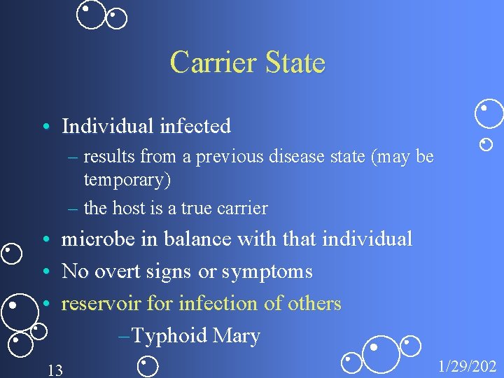 Carrier State • Individual infected – results from a previous disease state (may be