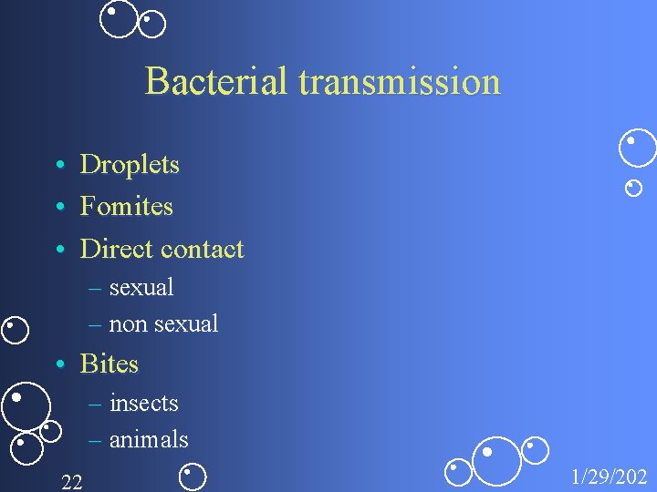 Bacterial transmission • Droplets • Fomites • Direct contact – sexual – non sexual