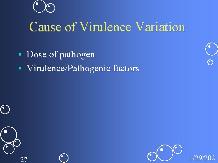 Cause of Virulence Variation • Dose of pathogen • Virulence/Pathogenic factors 27 1/29/202 