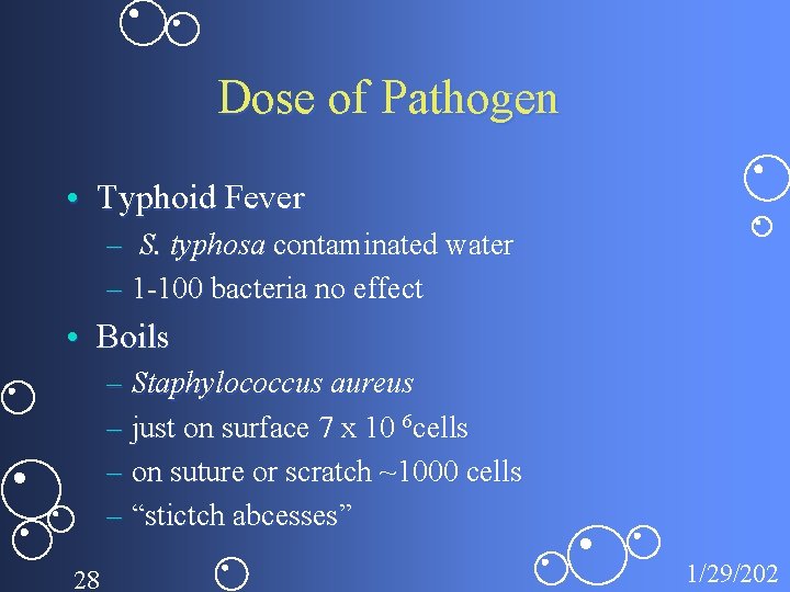 Dose of Pathogen • Typhoid Fever – S. typhosa contaminated water – 1 -100