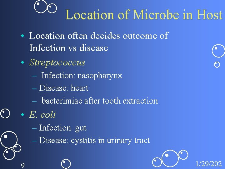 Location of Microbe in Host • Location often decides outcome of Infection vs disease