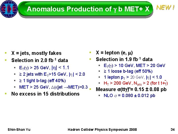 Anomalous Production of g b MET+ X NEW ! • X = jets, mostly