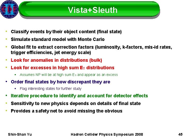 Vista+Sleuth • Classify events by their object content (final state) • Simulate standard model