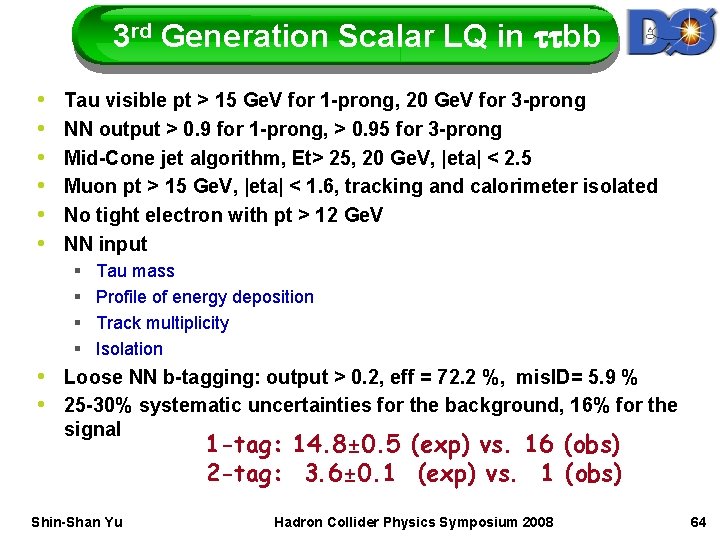 3 rd Generation Scalar LQ in ttbb • • • Tau visible pt >