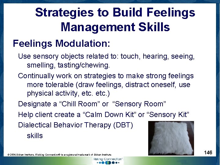 Strategies to Build Feelings Management Skills Feelings Modulation: Use sensory objects related to: touch,