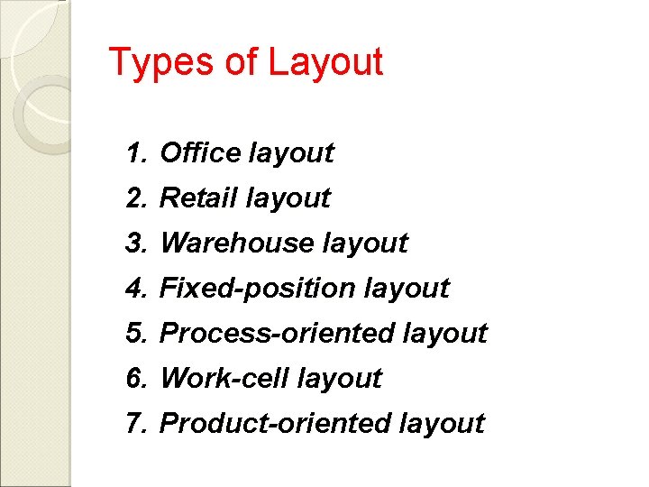 Types of Layout 1. Office layout 2. Retail layout 3. Warehouse layout 4. Fixed-position