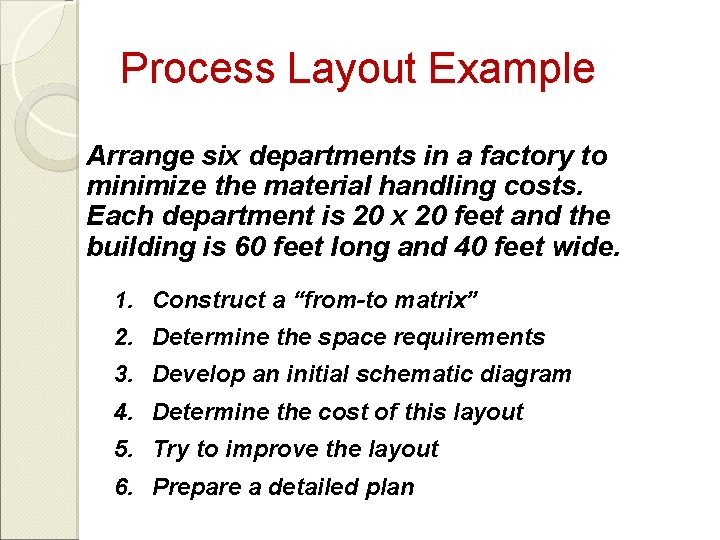 Process Layout Example Arrange six departments in a factory to minimize the material handling