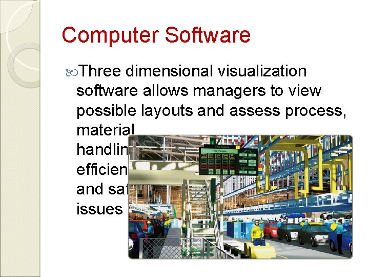 Computer Software Three dimensional visualization software allows managers to view possible layouts and assess