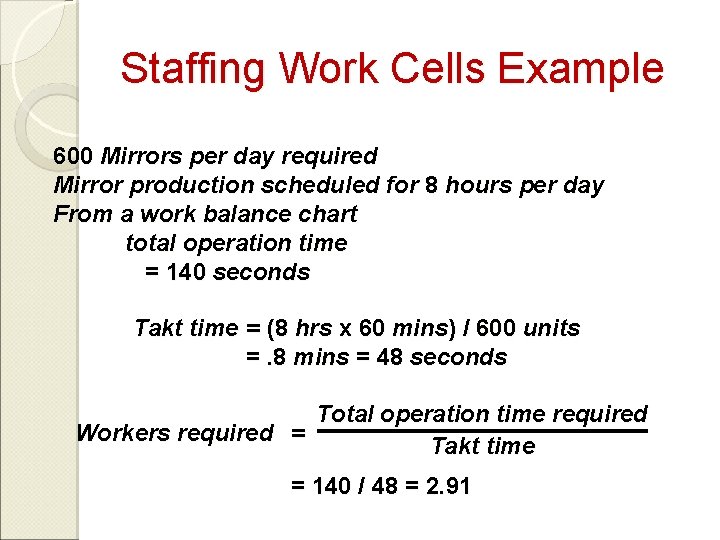 Staffing Work Cells Example 600 Mirrors per day required Mirror production scheduled for 8