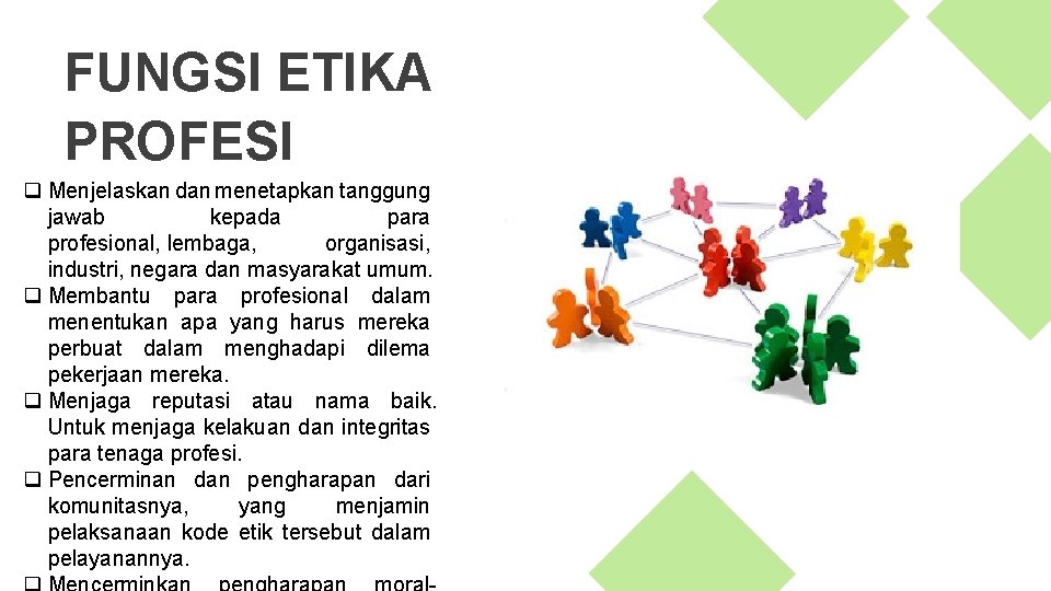 FUNGSI ETIKA PROFESI q Menjelaskan dan menetapkan tanggung jawab kepada para profesional, lembaga, organisasi,