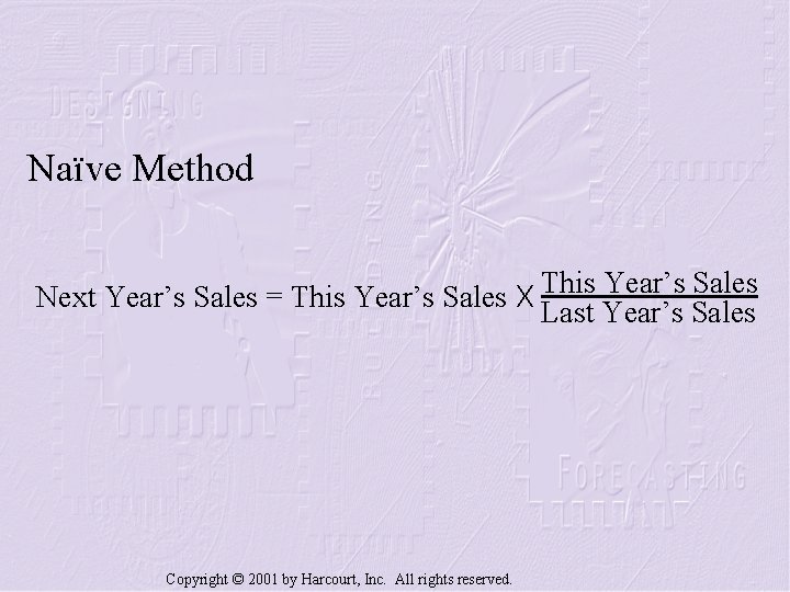 Naïve Method This Year’s Sales Next Year’s Sales = This Year’s Sales X Last