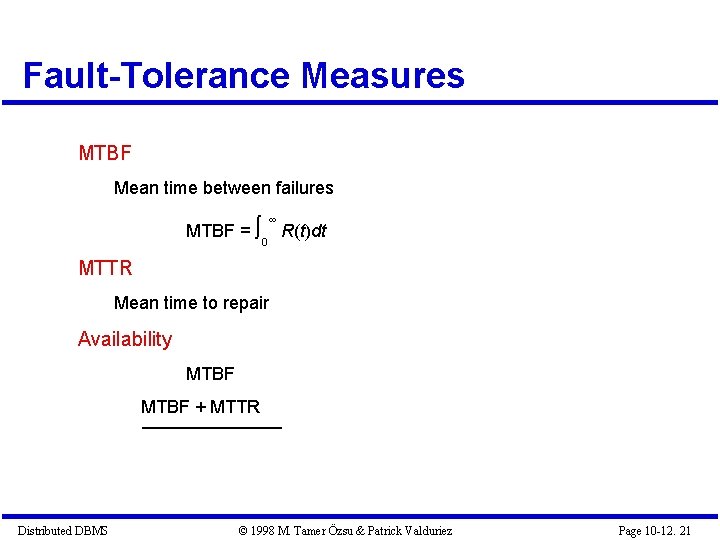 Fault-Tolerance Measures MTBF Mean time between failures MTBF = R(t)dt ∞ MTTR Mean time