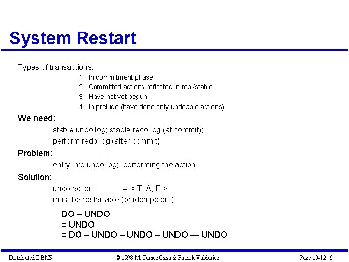 System Restart Types of transactions: 1. 2. 3. 4. In commitment phase Committed actions