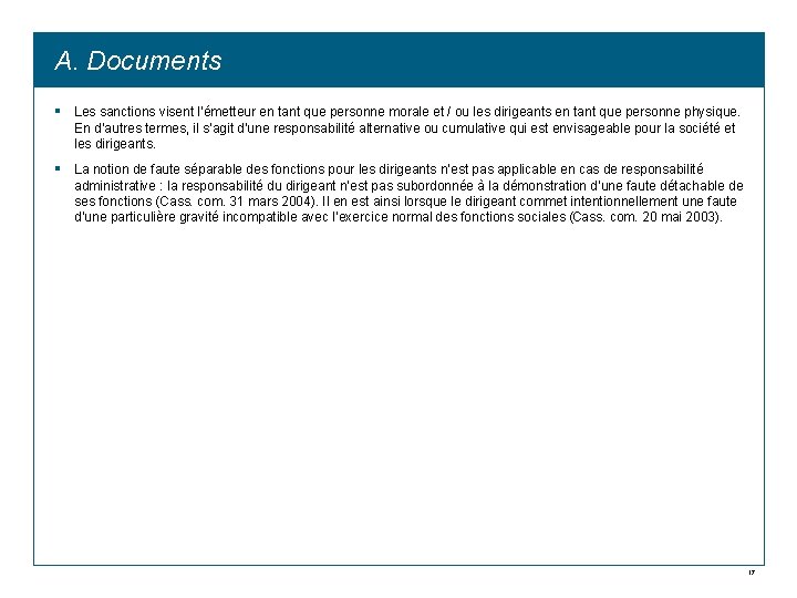 A. Documents § Les sanctions visent l’émetteur en tant que personne morale et /