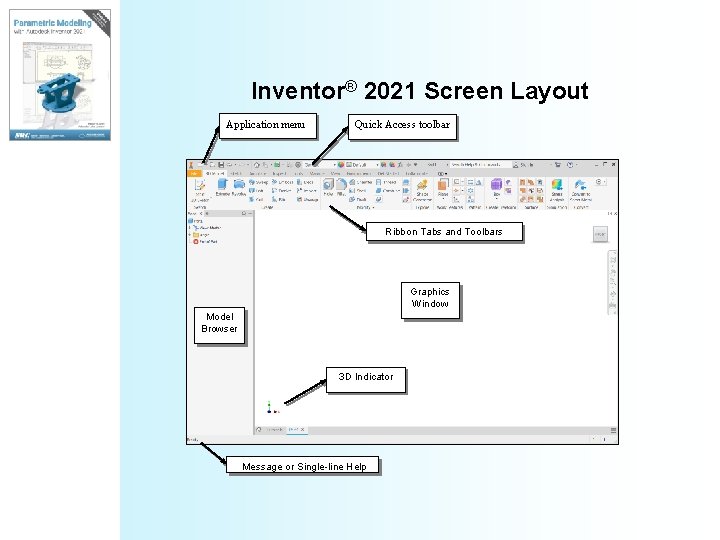 Inventor® 2021 Screen Layout Application menu Quick Access toolbar Ribbon Tabs and Toolbars Graphics