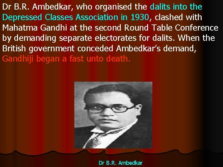 Dr B. R. Ambedkar, who organised the dalits into the Depressed Classes Association in