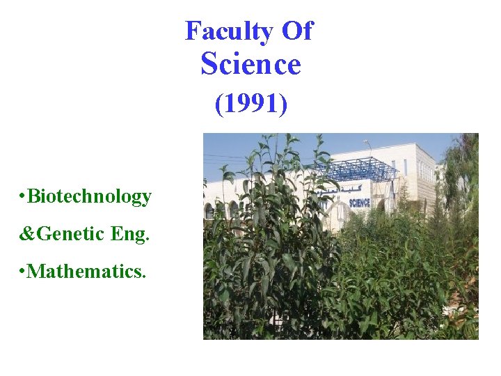 Faculty Of Science (1991) • Biotechnology &Genetic Eng. • Mathematics. 