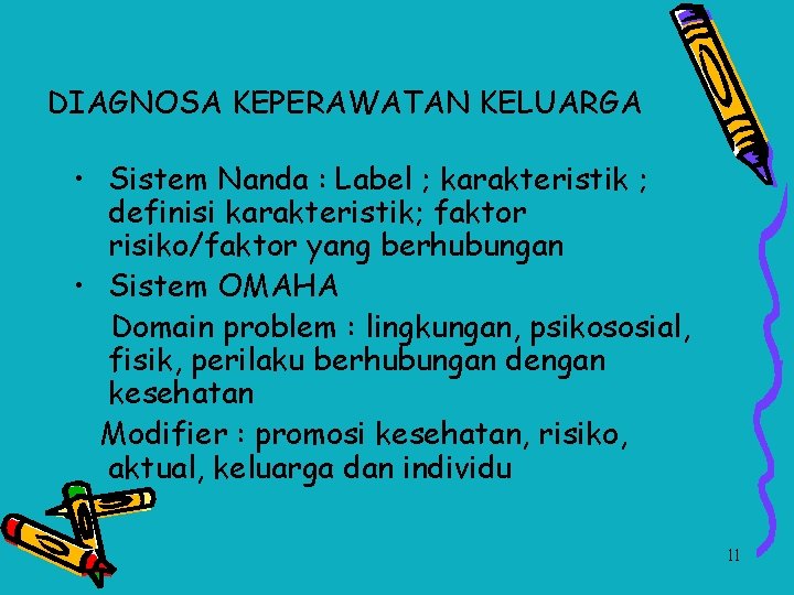 DIAGNOSA KEPERAWATAN KELUARGA • Sistem Nanda : Label ; karakteristik ; definisi karakteristik; faktor