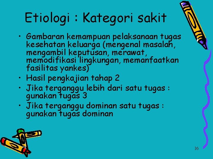 Etiologi : Kategori sakit • Gambaran kemampuan pelaksanaan tugas kesehatan keluarga (mengenal masalah, mengambil
