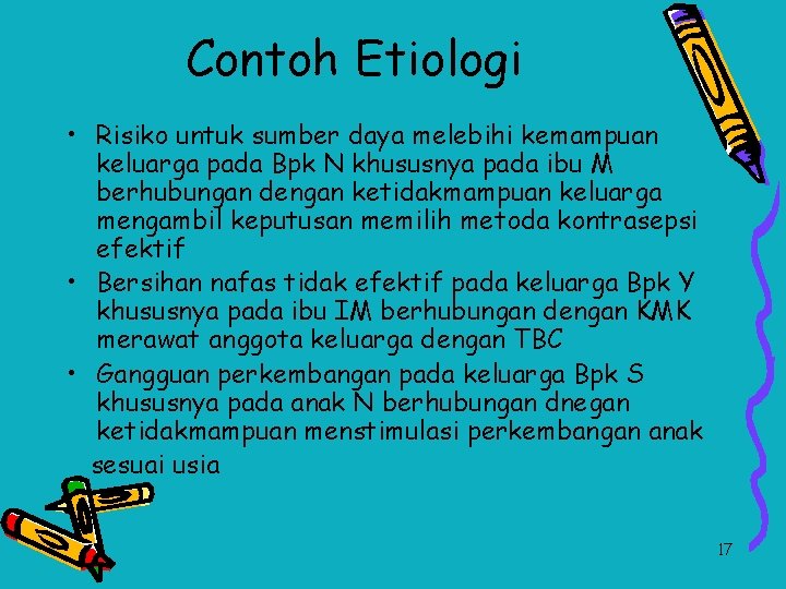 Contoh Etiologi • Risiko untuk sumber daya melebihi kemampuan keluarga pada Bpk N khususnya