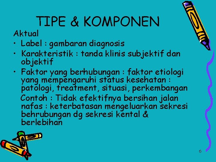 TIPE & KOMPONEN Aktual • Label : gambaran diagnosis • Karakteristik : tanda klinis