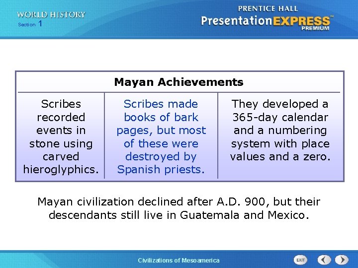 Section 1 Mayan Achievements Scribes recorded events in stone using carved hieroglyphics. Scribes made