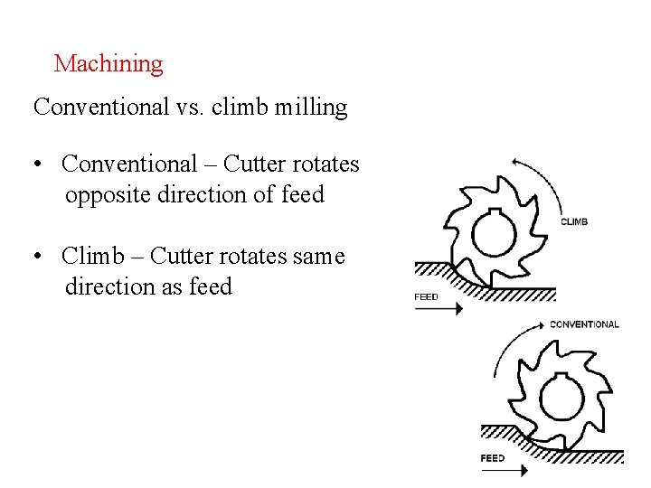 Machining Conventional vs. climb milling • Conventional – Cutter rotates opposite direction of feed